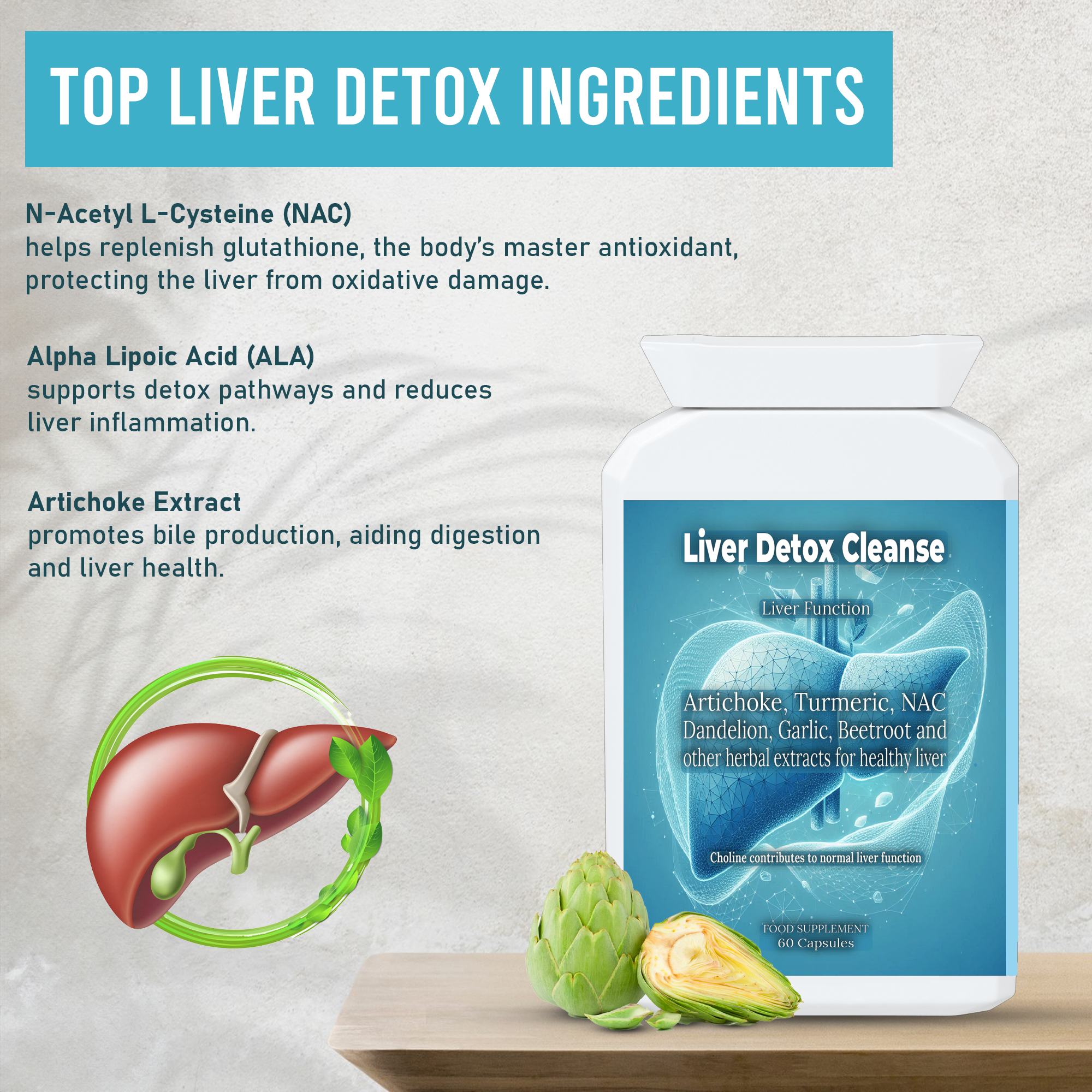 Liver Detox Supplements Herbal Complex with Dandelion & Artichoke for Liver Support