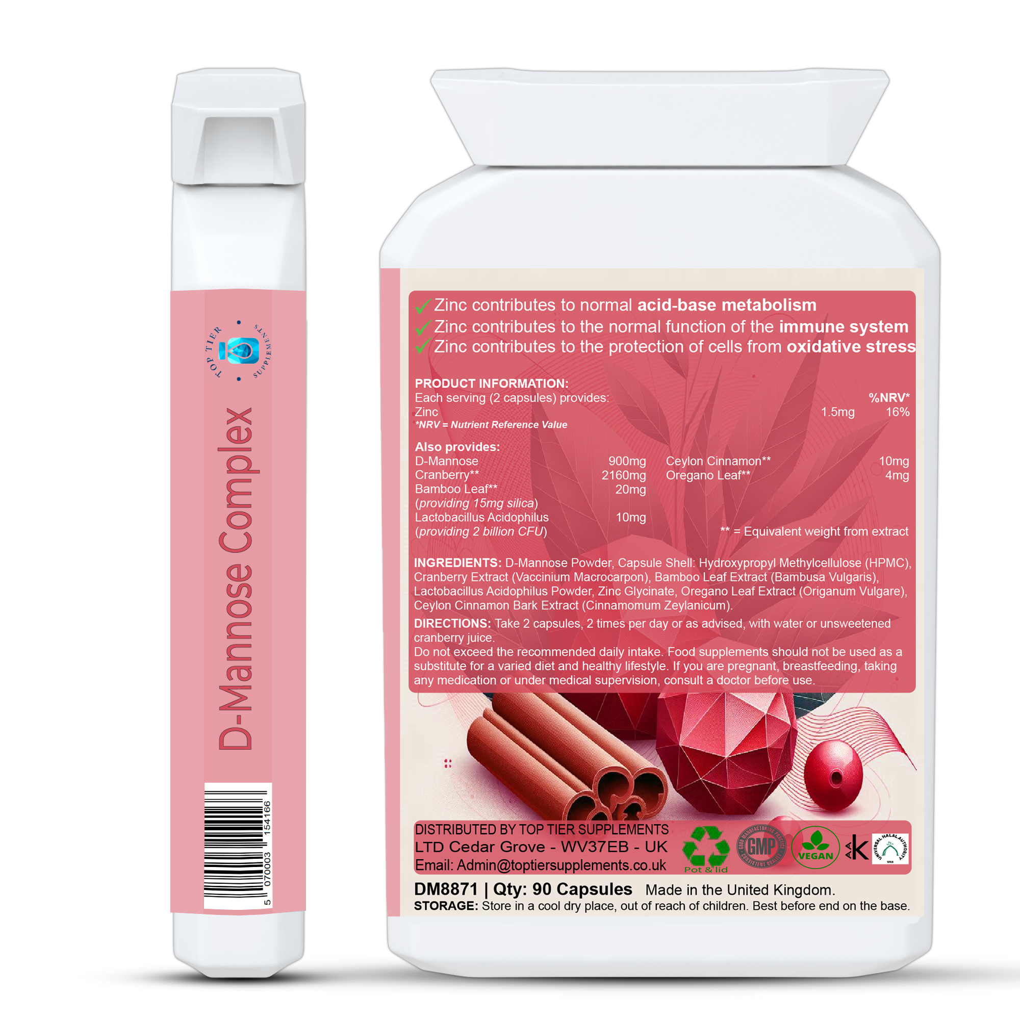 DMannose High Strength 900mg Natural Botanical Complex Cranberry Zinc Probiotics Bladder Support Back Label