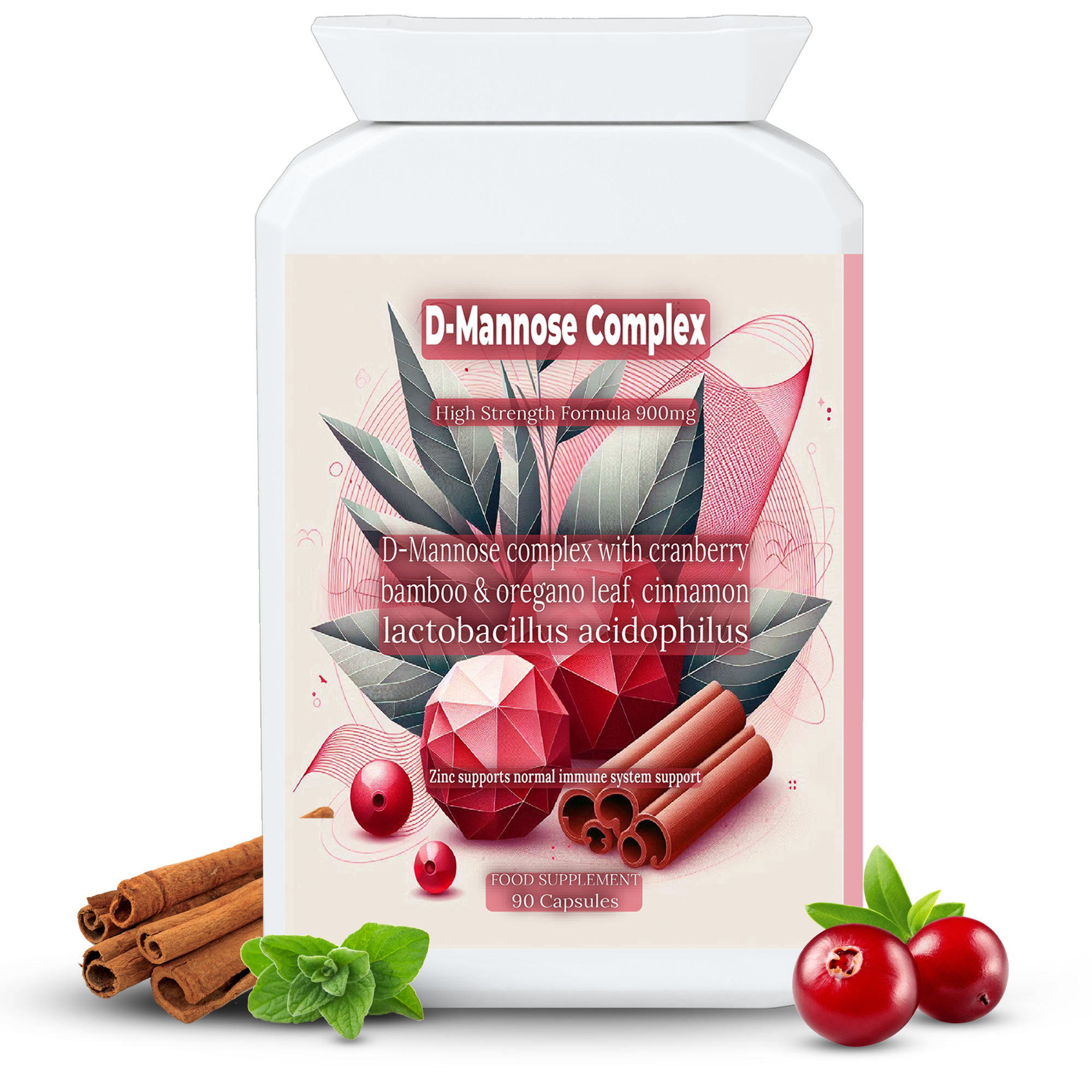 DMannose High Strength 900mg Natural Botanical Complex Cranberry Zinc Probiotics Bladder Support Front Label