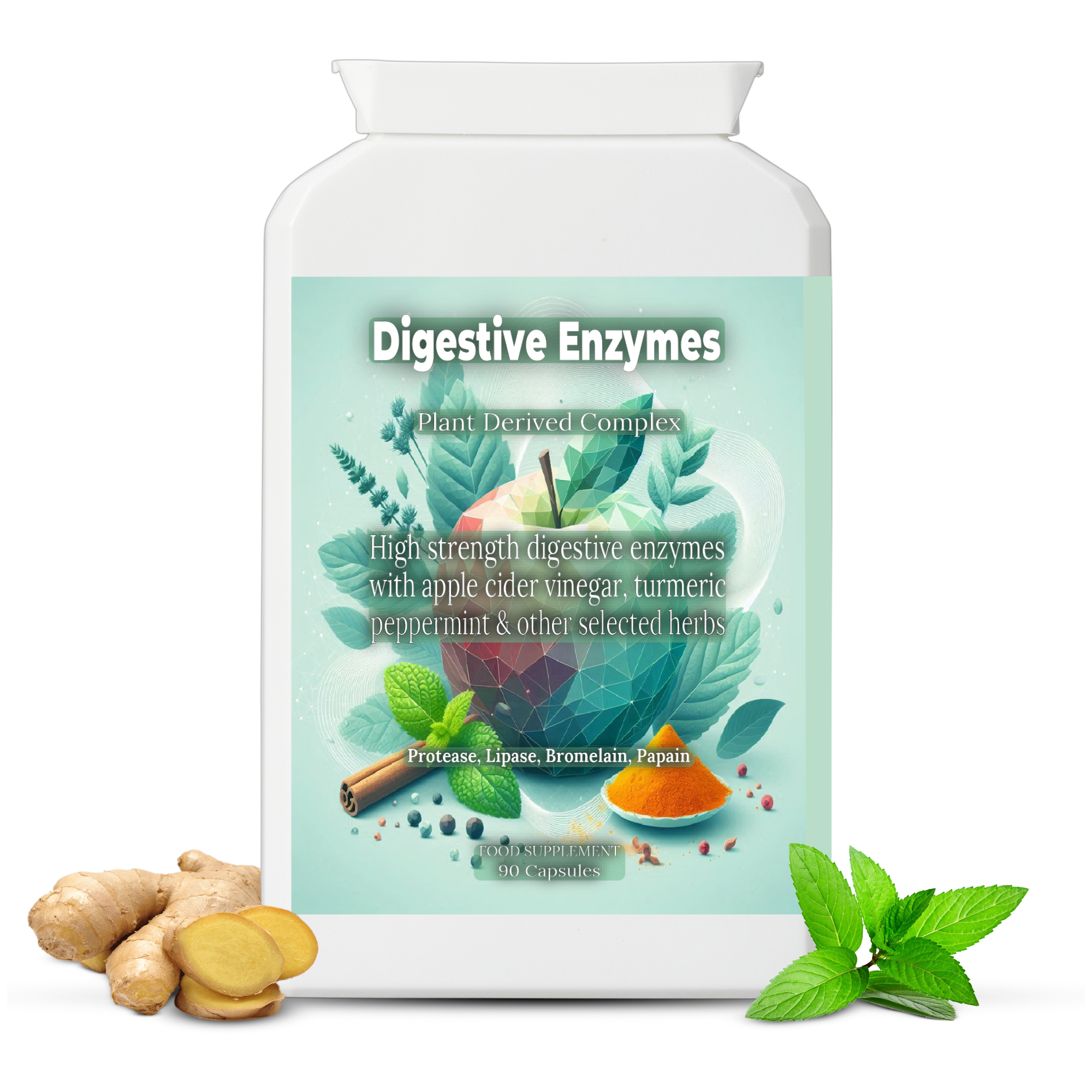 Digestive Enzymes UK Herbal Complex Lipase, Protease, Bromelain, Papain, Constipation Bloating Relief, Gut Health Repair Supplement, Anti Bloating, front label