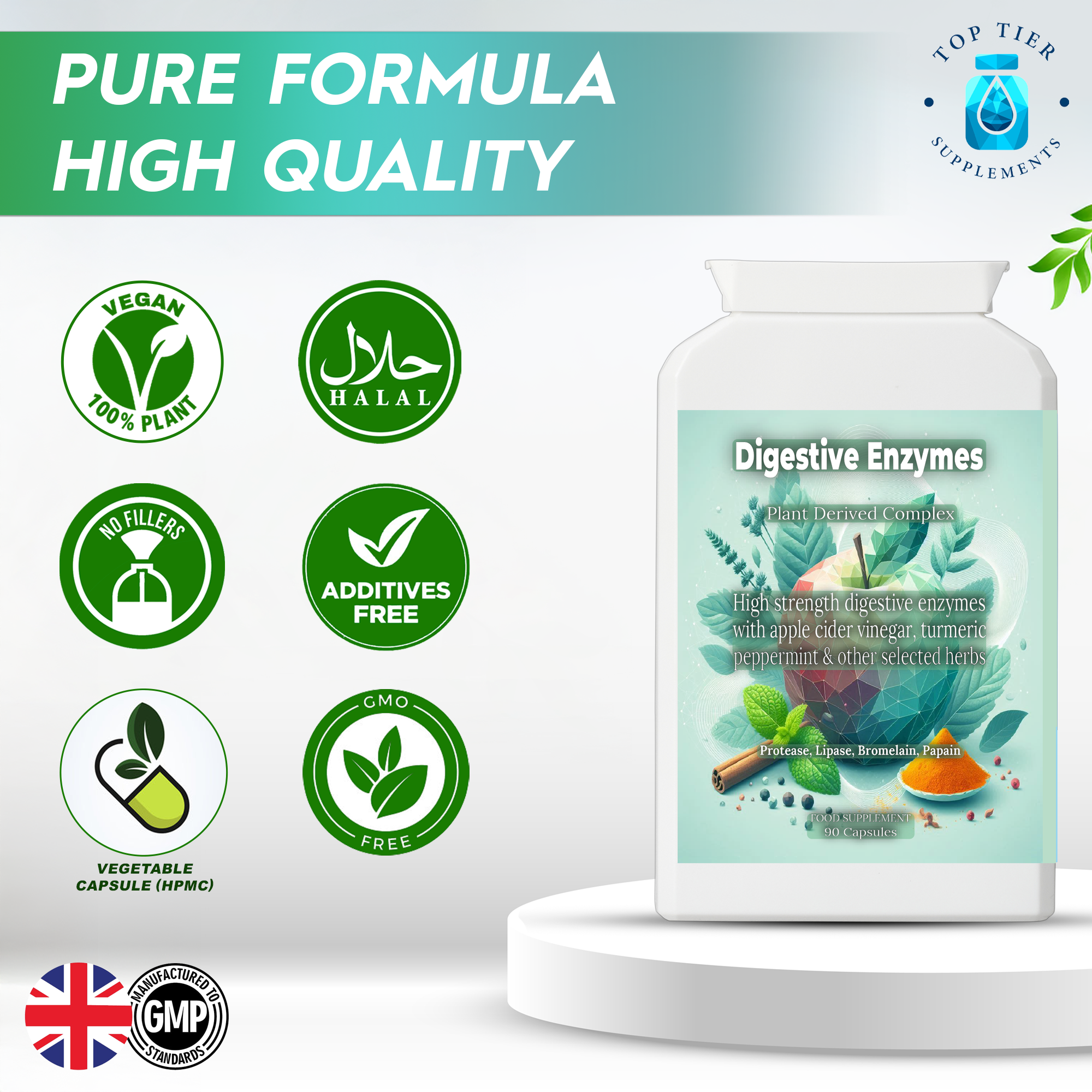 Supplement bottle labeled 'Digestive Enzymes' with certification icons on a white background