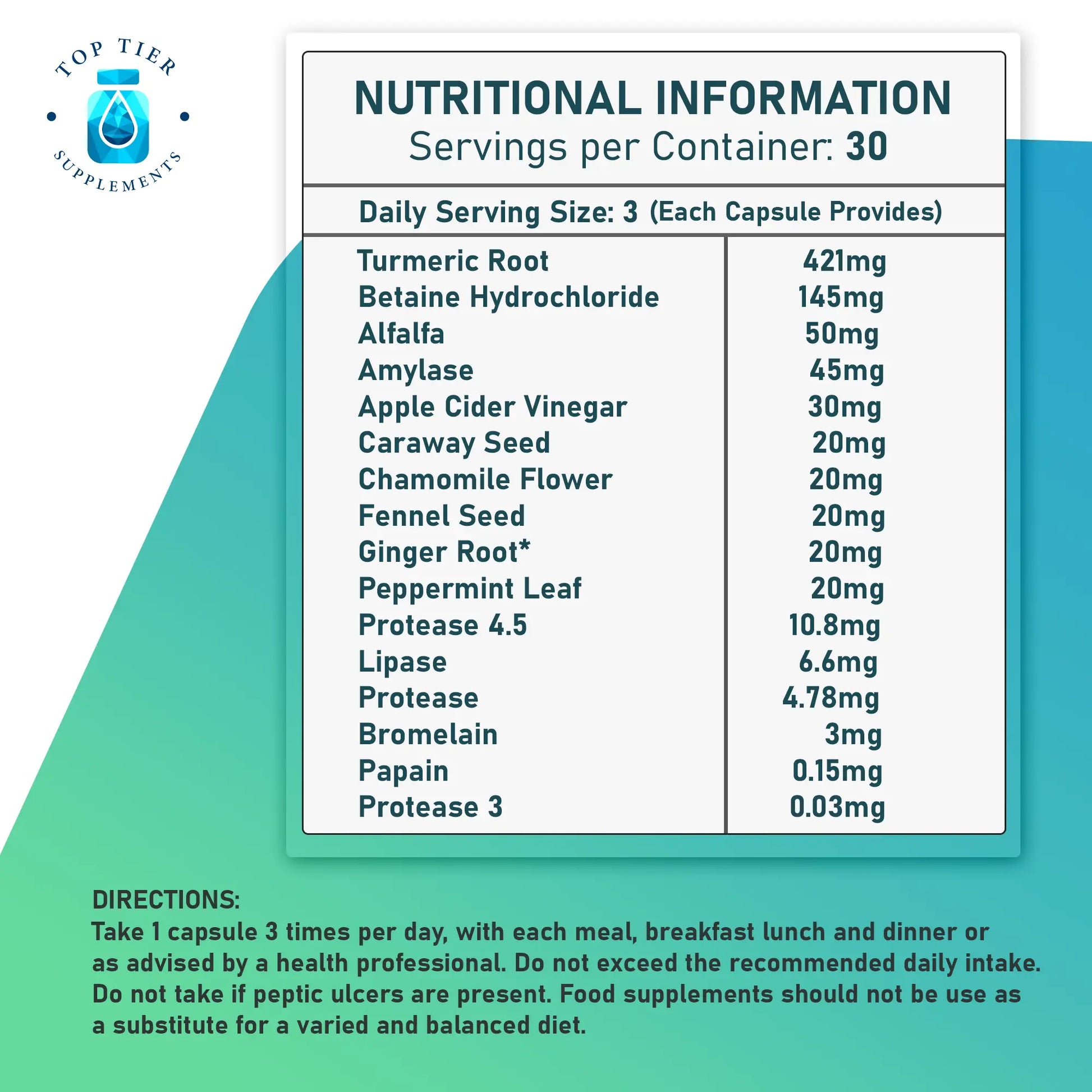 Digestive Enzymes UK Turmeric 421mg, Betain HCL 145mg, Alfalfa 50mg, Amylase 45mg, Apple cider vinegar 30mg, caraway seed 20mg, chamomile flower 20mg, fennel seed 20mg, ginger root 20mg, peppermint leaf 20mg, protease 4.5 lipase, protease, bromelain, papain, protease 3