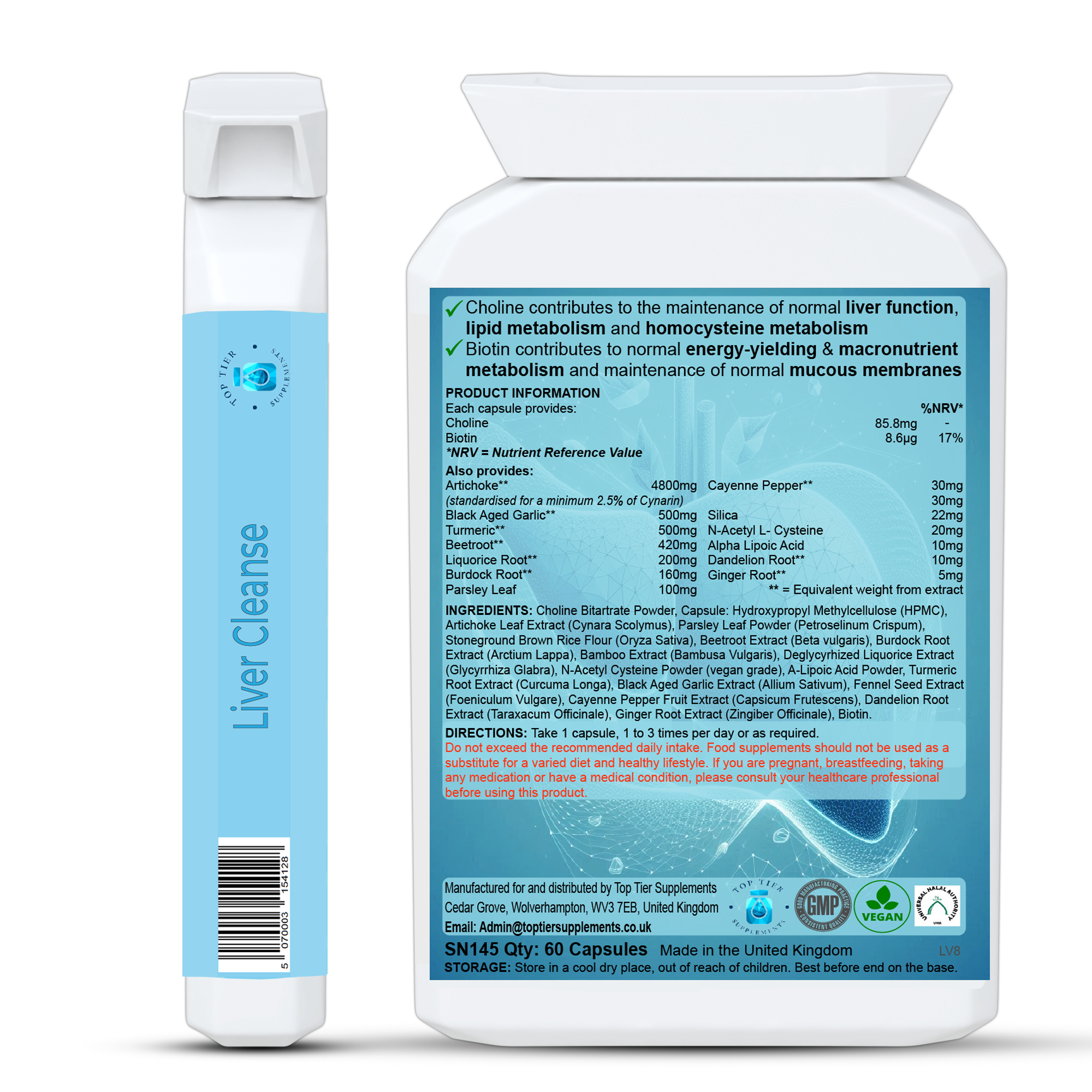 Liver Detox Supplements, Repair & Cleanse Support Tablets, Herbal Supplement Complex, Artichoke Extract, Dandelion Root, Beetroot, Ginger, back label