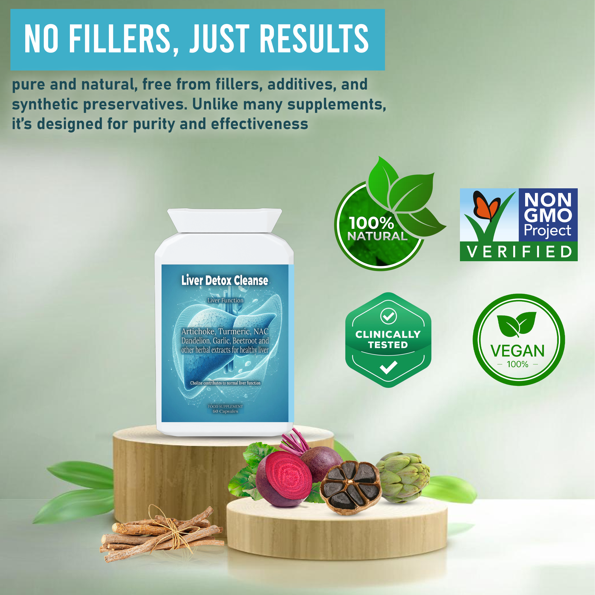 Liver Detox Supplement with health and wellness certifications on a light green background
