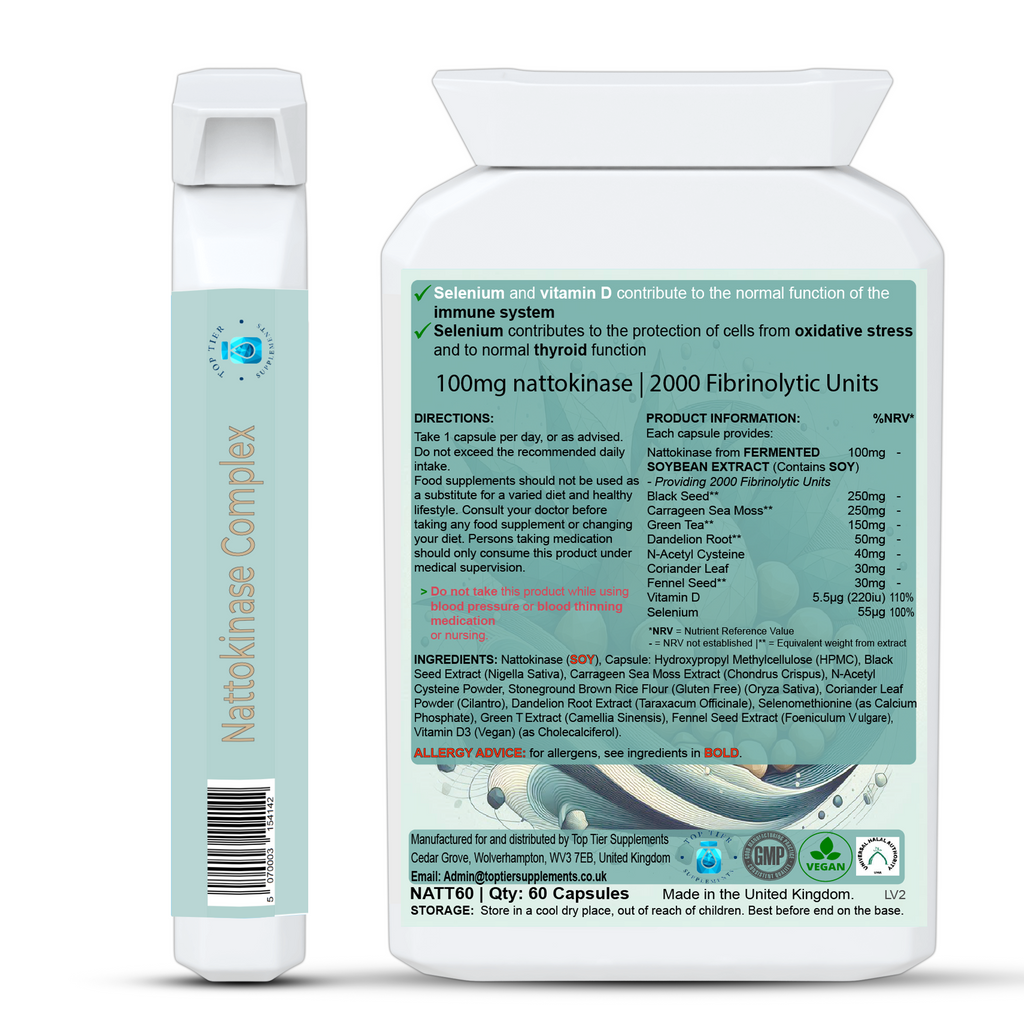 Nattokinase Supplement UK, High Strength 100mg Enzyme 2000FU, Herbal Complex, Sea Moss, NAC, Green Tea, Black Seed, Back Label