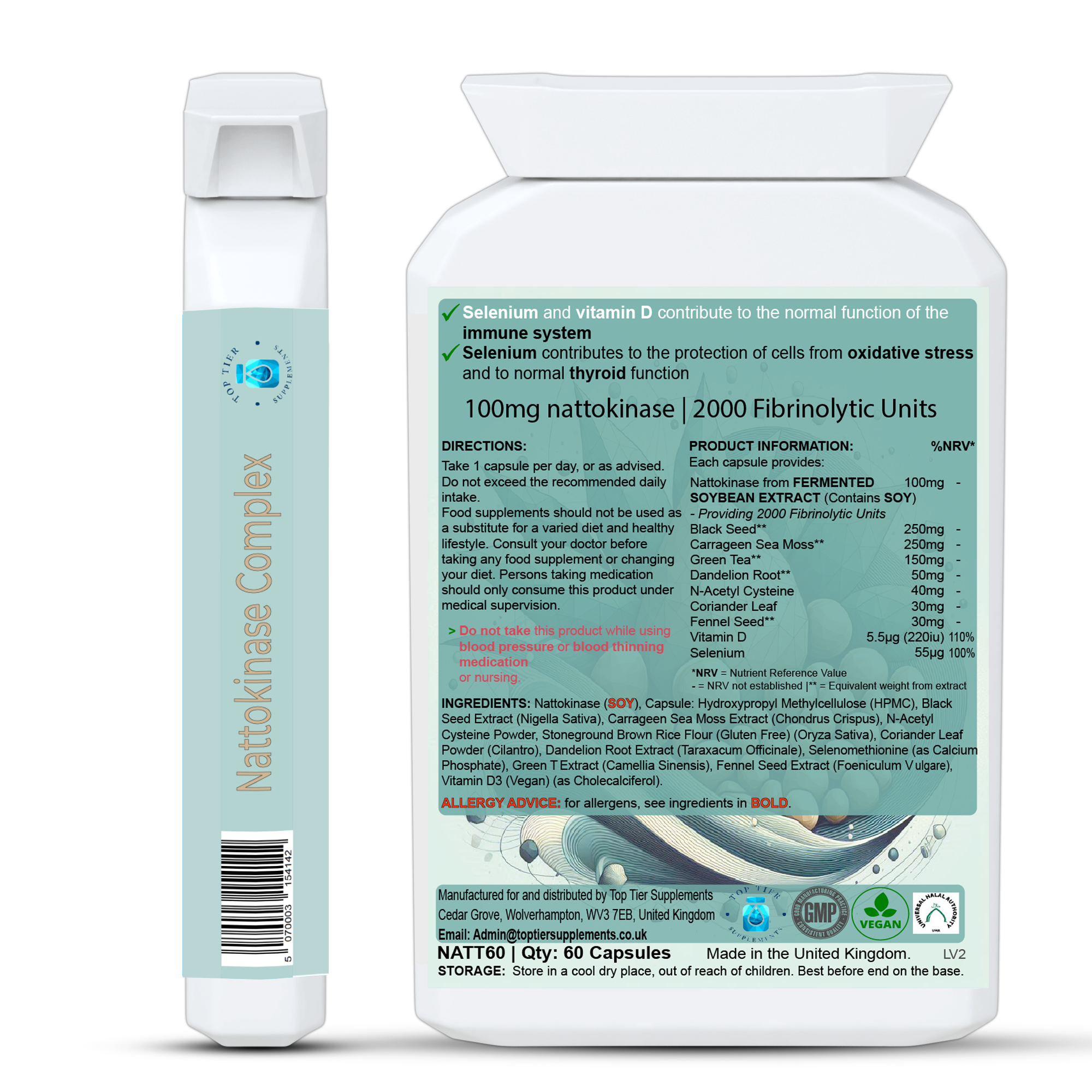 Nattokinase Supplement UK, High Strength 100mg Enzyme 2000FU, Herbal Complex, Sea Moss, NAC, Green Tea, Black Seed, Back Label