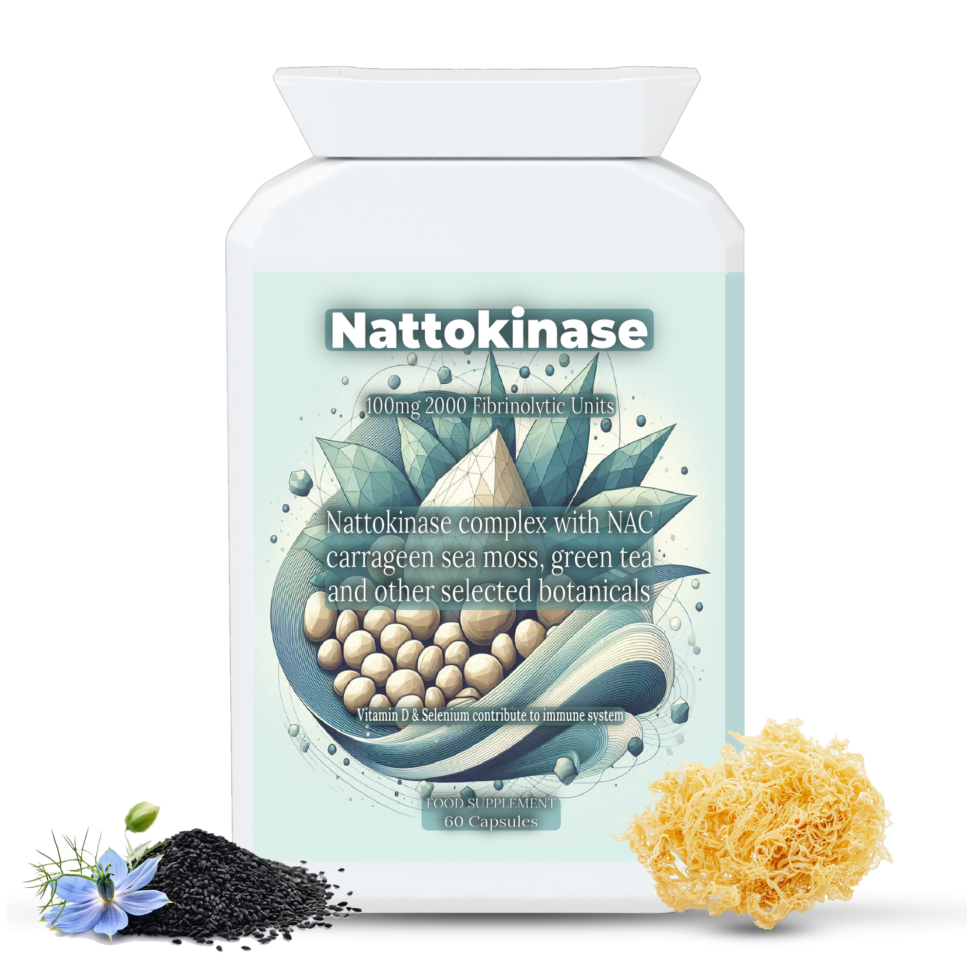 Nattokinase Supplement UK, High Strength 100mg Enzyme 2000FU, Herbal Complex, Sea Moss, NAC, Green Tea, Black Seed, Front Label
