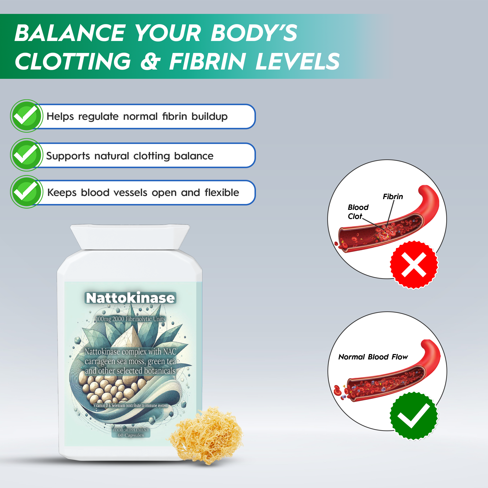 Nattokinase supplement bottle with text on clotting and fibrin levels on a gray background