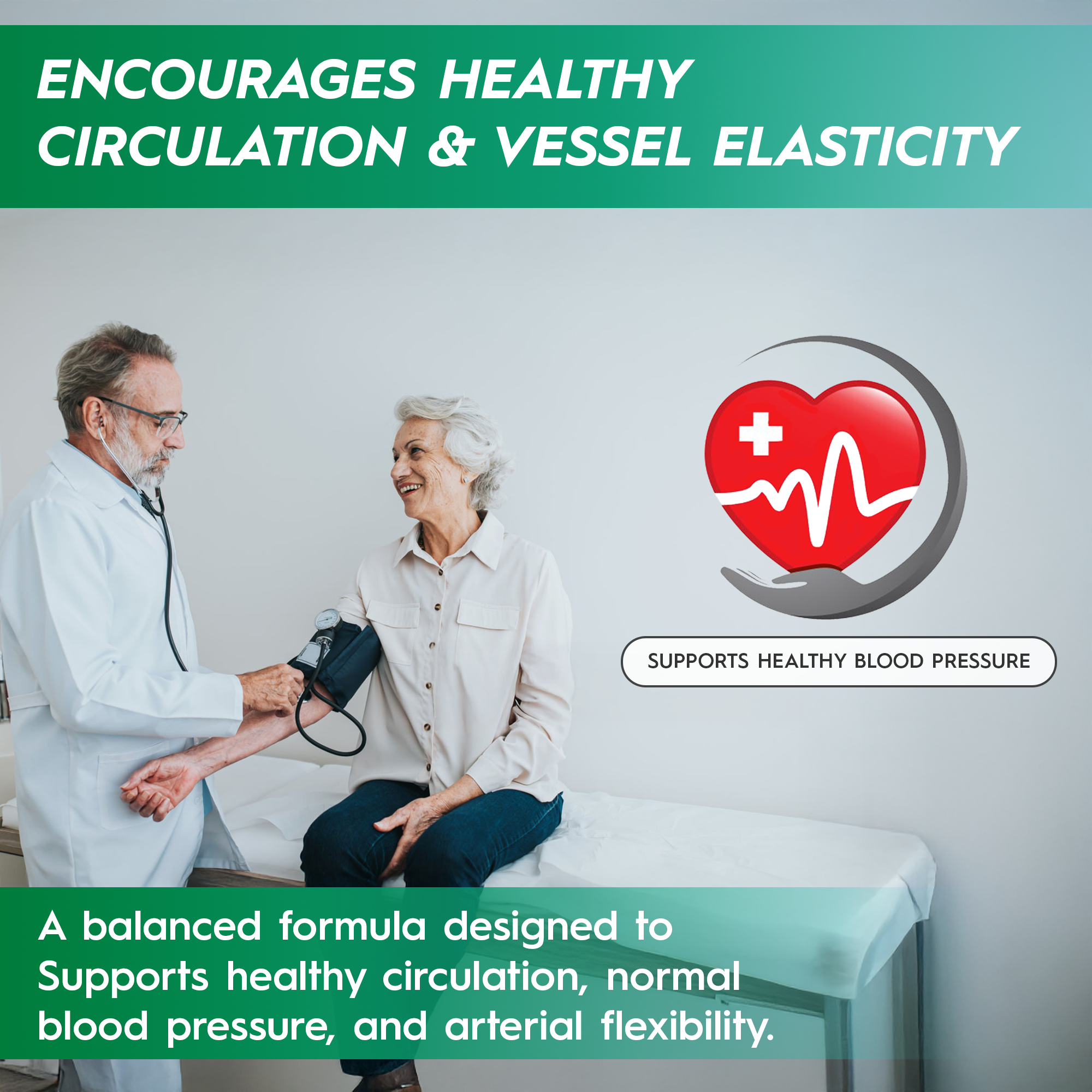 Nattokinase Supplement Doctor checking a patient's blood pressure with text about healthy circulation and vessel elasticity.