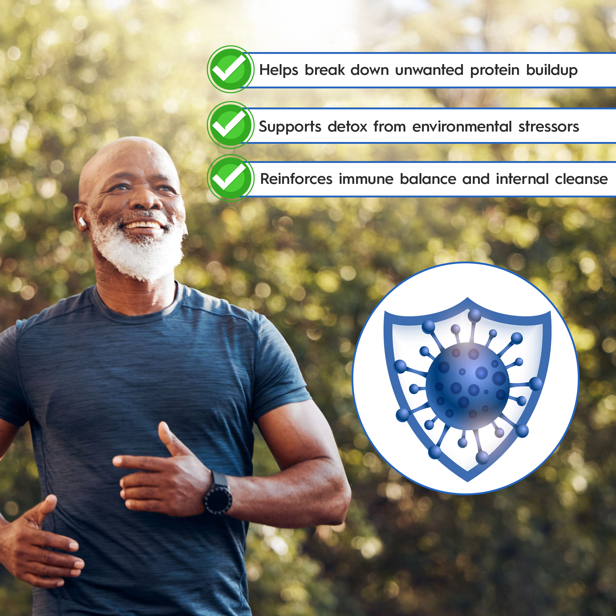 Nattokinase supports detox. Man running outdoors with health benefits text overlay and immune system icon. 