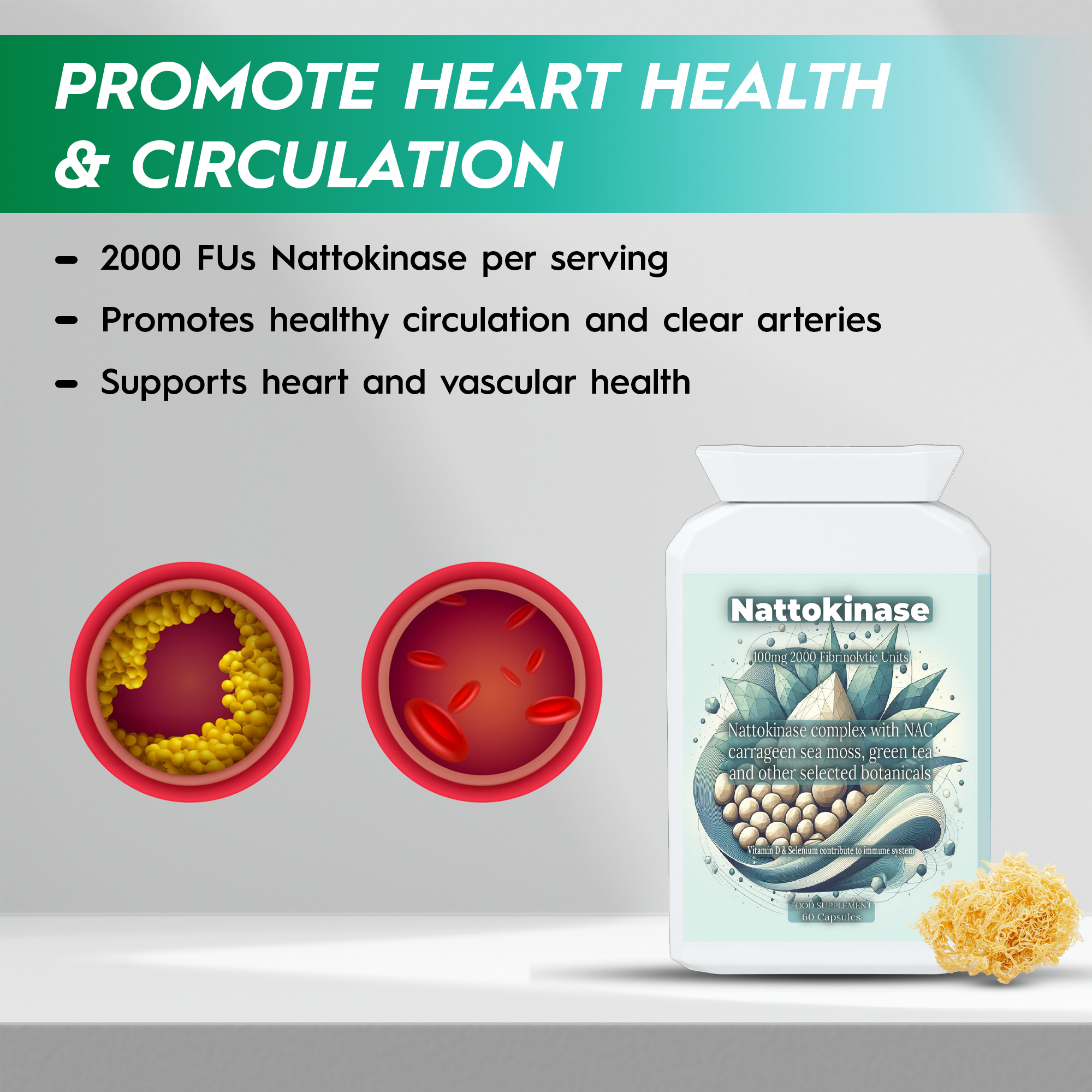 Nattokinase supplement uk packaging with health benefits text on a white background