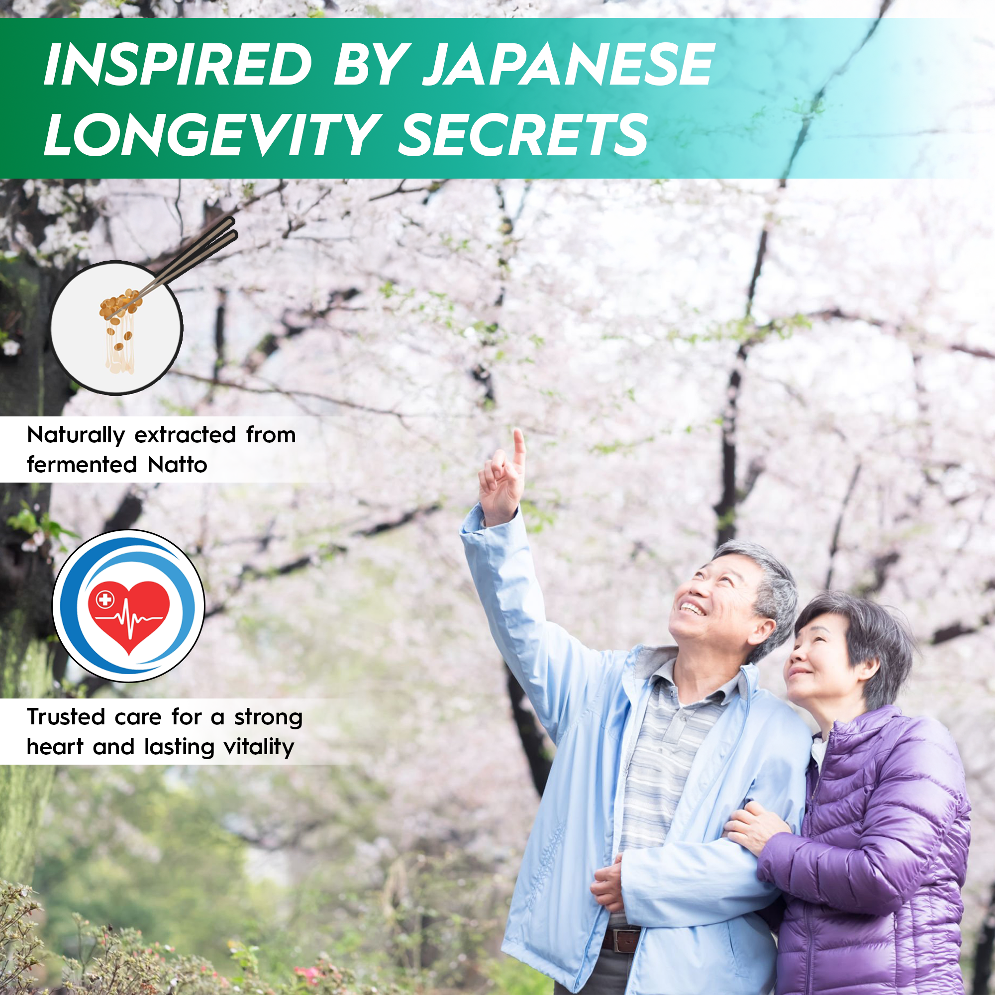 nattokinase supplement with Two elderly people standing under cherry blossom trees with text about Japanese longevity secrets 