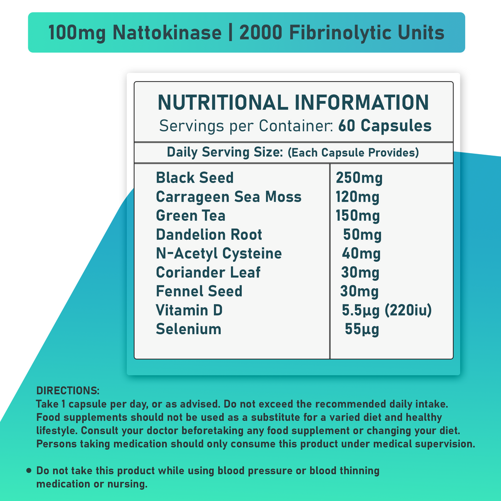 Nattokinase Supplement ingredients list, nutritional information, black seed 250mg, sea moss 120mg, green tea 150mg, dandelion root 50mg, n-acetyl Cysteine 40mg, coriander leaf 30mg, fennel seed 30mg, vitamin D, selenium
